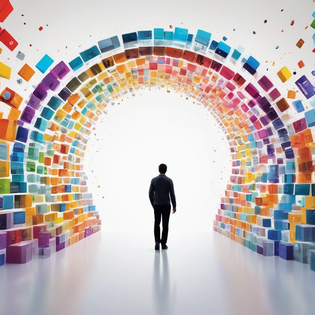 A visually striking gateway made of colorful software download icons, surrounded by abstract art shapes representing creativity and technology. In the background, a person excitedly exploring a digital landscape filled with inspiring software elements, symbolizing full access to resources. Bright and engaging colors to evoke enthusiasm for software downloads. super-realistic. vibrant colors. white background.
