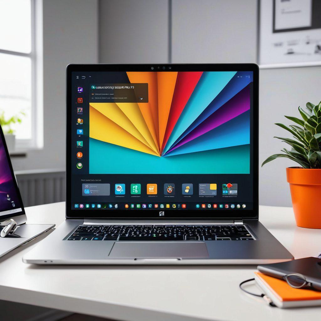 A sleek and modern digital workspace featuring a high-end laptop open to a vibrant screen displaying colorful tech-related graphics and download icons. Surrounding the laptop are premium tech gadgets like headphones and smart devices, all set against a stylish, minimalist office background. Incorporate sparkling effects to symbolize 'unlocking' premium content. super-realistic. vibrant colors. minimalist design.