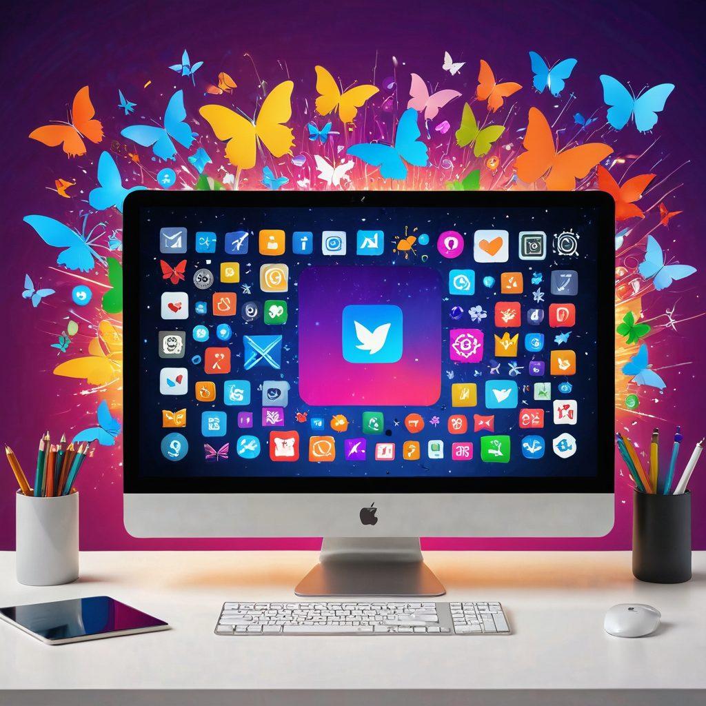 A visually captivating computer screen displaying a variety of vibrant software icons representing beautiful download solutions, surrounded by sparkling download arrows and colorful butterflies symbolizing creativity and inspiration. A sleek, modern workspace in the background with soft lighting creates a warm atmosphere. Playful graphics depicting the joy of downloading software, with a hint of a tech-savvy edge. super-realistic. vibrant colors. modern design.